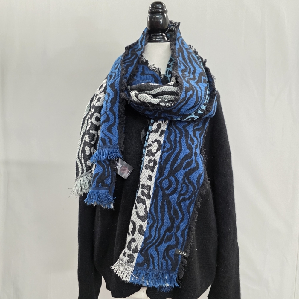 Ikks Blue and Black Animal Print raw edges fringe cotton  Scarf